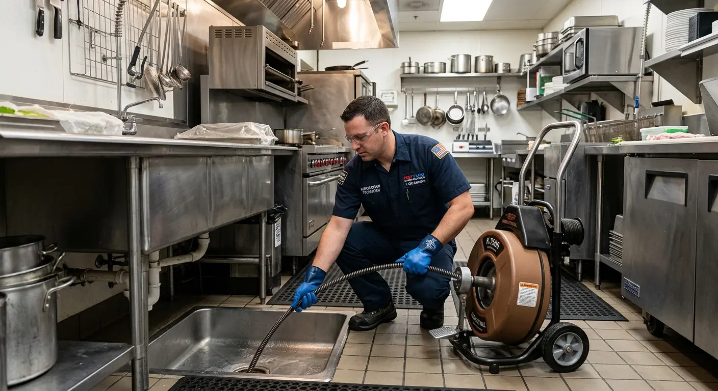Commercial drain cleaning service in a restaurant kitchen in South Miami