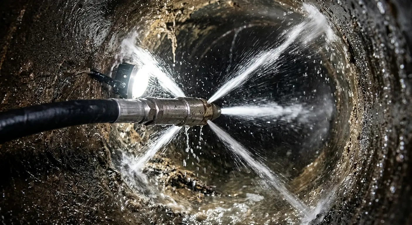 High-pressure hydro jetting nozzle cleaning sewer pipe for Sewer Cleanout in South Miami