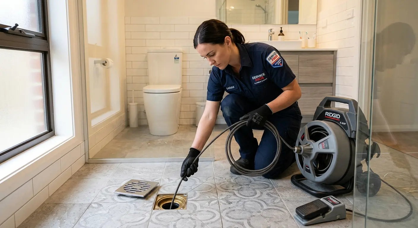 Technician clearing a bathroom floor drain for Drain Cleaning in South Miami